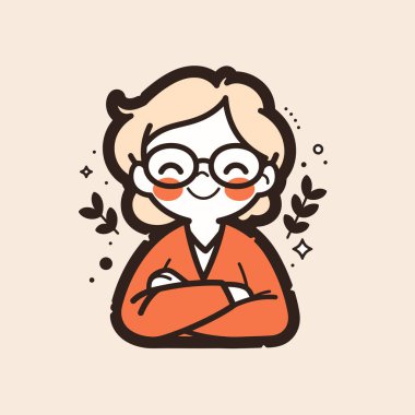 Neşeli Çizgi Film Yaşlı Kadın Gözlüklü ve çapraz Kollu