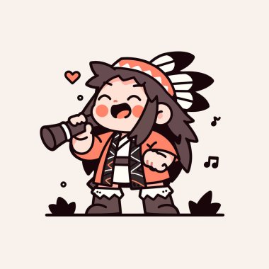 Chibi Amerikan yerlisi mikrofonla şarkı söylüyor