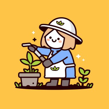 Bahçıvan Ot Sulama Bitkileri Sevimli Çizgi Film Çizimi