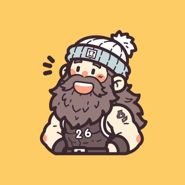 Mutlu, kaslı sakallı, kış şapkası takan bir adamın çizgi filmi..