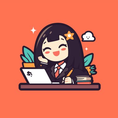 Anime Kız Laptop Çizgi Film Çizimi Üzerinde Çalışıyor