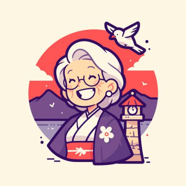 Deniz fenerinin yanındaki neşeli yaşlı kadın.