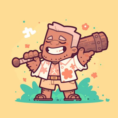 Havai tişörtlü bir sopayla Mutlu Karikatür Strongman