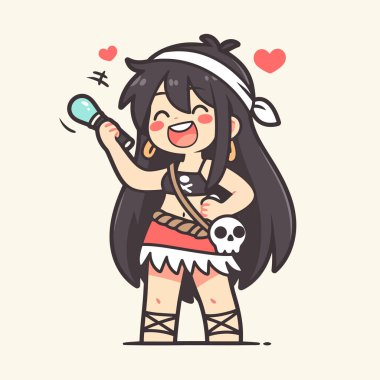 Kafatası tutan siyah beyaz elbiseli sevimli bir çizgi film karakterinin vektör çizimi