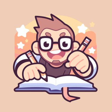 Gözlüklü ve kalemli sevimli erkek öğretmen.