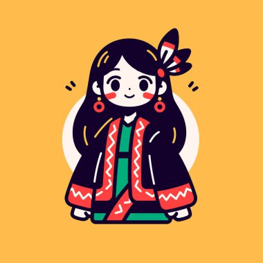 Geleneksel kostümlü Çinli kız çizgi filmlerinin vektör çizimi..