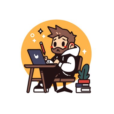 Genç adam dizüstü bilgisayarla ofisinde oturuyor.