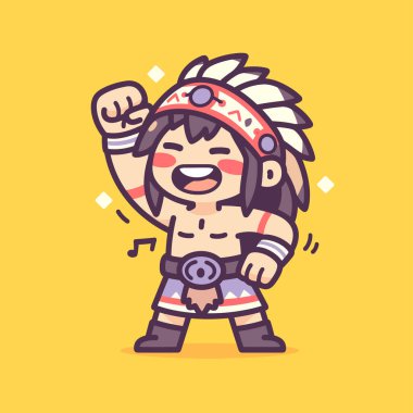 Amerikan yerlisi tüylü ve gitarlı adam. çizgi film illüstrasyonu.