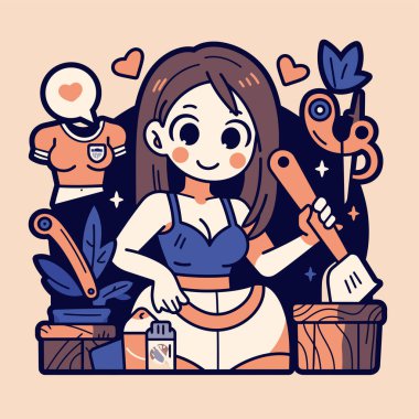 kız ve kız aletleri ve aksesuarlarıyla, vektör illüstrasyonu.