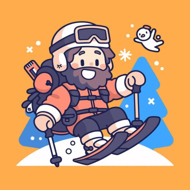 Karikatür adamın dağda karla kayak yaptığını gösteren vektör çizimi.