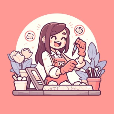 Önlüklü Asyalı kız mutfakta yemek pişiriyor.