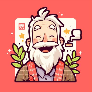 Mutlu çizgi film dedesi beyaz sakallı ve ekose gömlekli.