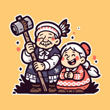 Çekiçle gülümseyen yaşlı çift