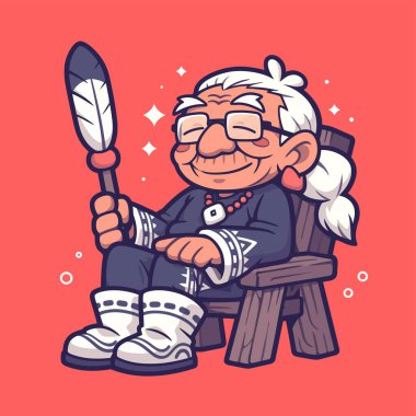 Yaşlı Amerikan Yerlisi Kadın Tüylü Karikatür Tutuyor