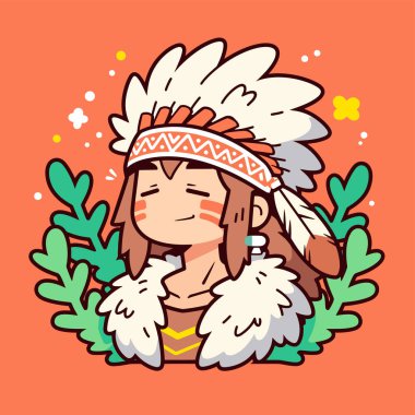 Başı ve Gülümsemesi Olan Chibi Amerikan Yerlisi Karakteri