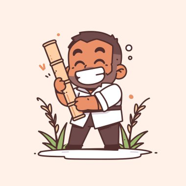 Elinde bambu tutan mutlu adam.