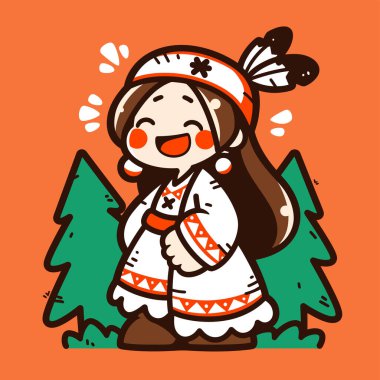 Chibi Amerikan Yerlisi Ormanda Gülümseyen Kız