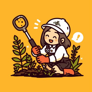 Mutlu çocuk dışarıda kürekle bahçeyle uğraşıyor.