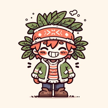 Yapraklı ve Gülümseyen Yüzlü Mutlu Kış Çocuğu