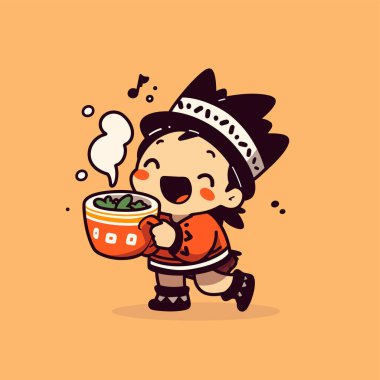 Çizgi film tarzında Sıcak Çay ile Neşeli Yerel Karakter