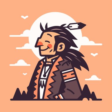 Günbatımlı düz çizgi film tarzında Amerikan yerlisi portresi.