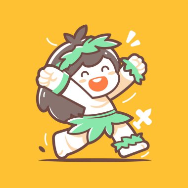 Neşeli Hawaii 'li kız çizgi film tarzında koşuyor ve dans ediyor.