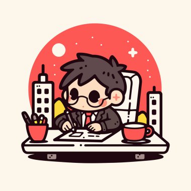 İşadamı gece geç saatlere kadar ofisinde çalışıyor, çizgi film tarzı..