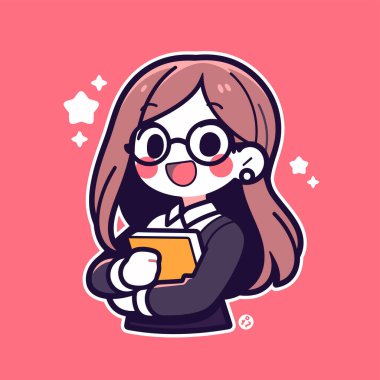 Gözlüklü, elinde kitap tutan sevimli çizgi film kızı.
