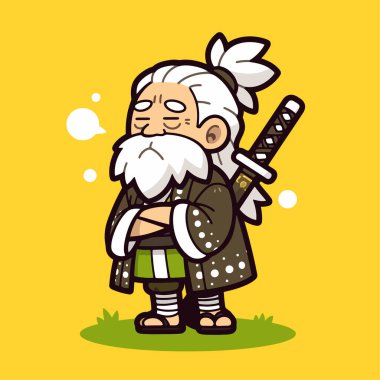 Geleneksel Japon kimonosu olan sevimli çizgi film ihtiyarı..