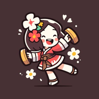 Neşeli Japon Kız Tatlı Çizgi Film Tarzı ile Tef Çalarak Dans Ediyor