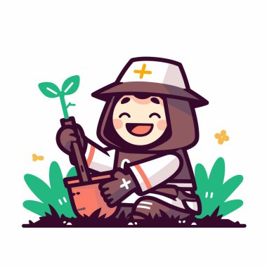 Bahçıvan Bir Kürekle Tohum Ekiyor - Çizgi Film Çizimi