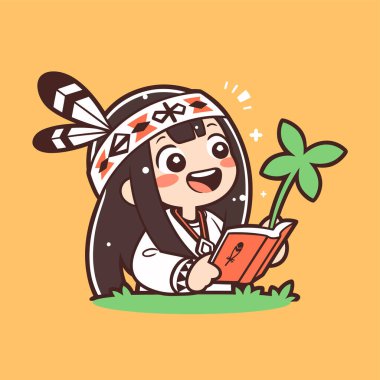 Yerli Amerikan Kızı Bitkili Kitap Okuyor - Çizgi Film Çizimi