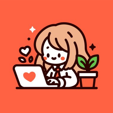 Laptopta kalbi ve bitkisi olan tatlı bir çizgi film kızı.