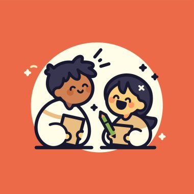 İki neşeli çocuk iş birliği yapıyor ve birlikte yazıyor.