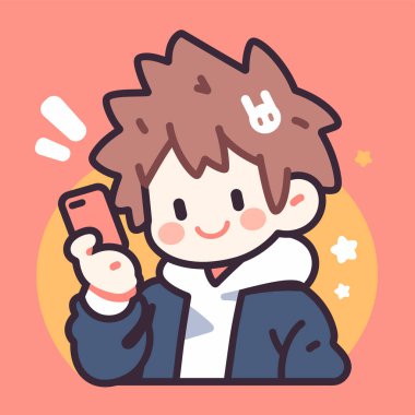 Pembe Arkaplanda Gülümseyen Akıllı Telefonlu Şirin Anime Çocuk