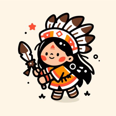 Başı ve mızrağı olan Amerikan Yerlisi Çizgi Filmi