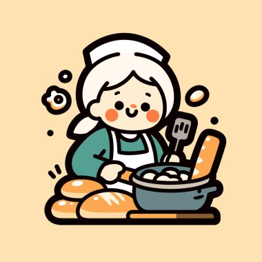 Mutfakta yemek pişiren ve pişiren mutlu bir fırıncı.