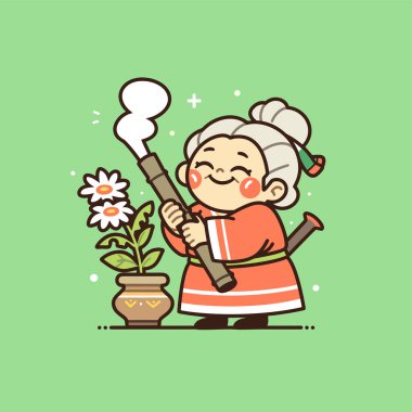 Sigara İçen Pipo ve Çiçek Esrarı Çizgifilmiyle Yaşlı Kadın