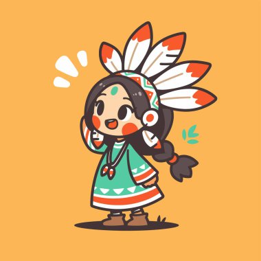 Tüyleri ve Braid 'i olan Chibi Yerlisi Amerikan Kızı