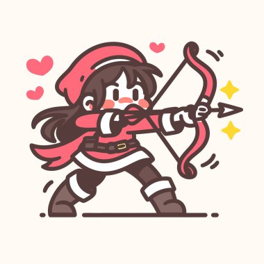 Kırmızı Giysili Hoş Okçu Kız Kalpli Ok atıyor