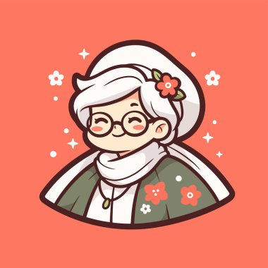 Çiçekli Büyüleyici Karikatür Yaşlı Kadın