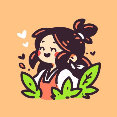 Sevimli anime kızı yapraklarla çevrili, gülümseyen ve mutlu.