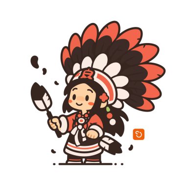 Başlığı ve tüyü olan Amerikan yerlisi Chibi çocuğu.