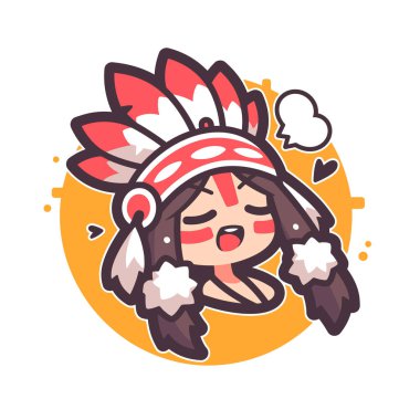 Başlıklı Chibi yerlisi kız, çizgi film stili, mutlu yüz, sosyal medya çıkartması