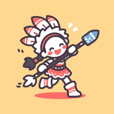 Mızraklı neşeli Amerikan Yerlisi Çocuk Çizgi Film Çizimi