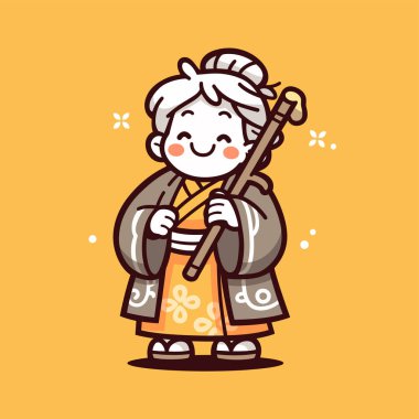 Şirin Chibi tarzında bastonu olan mutlu Japon büyükannesi.