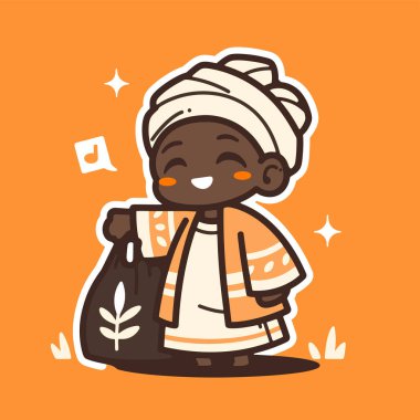 Çanta Tutan Şirin Afrikalı Çocuk Çizgi Film Etiketi