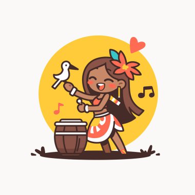 Kuş ve Davulla Mutlu Hula Dansçısı