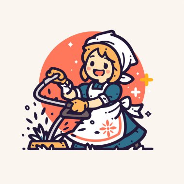 Gülümseyen bir kadın çizgi filmi Bir budayıcıyla çimleri biçiyor