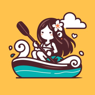 Okyanusta kanoyla kürek çeken tatlı kız.